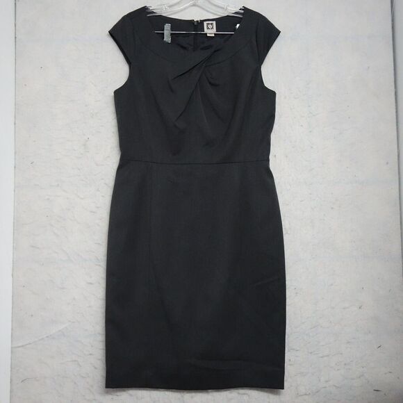 Anne Klein Dress Women's 12 Black Pleated Front Cap Sleeve Stretch Shift Sheath - Picture 1 of 10